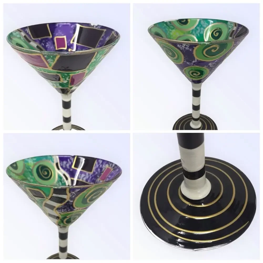 Festive 4 Martini Glasses Hand Painted  Colorful Avant Garde Art Deco 50s